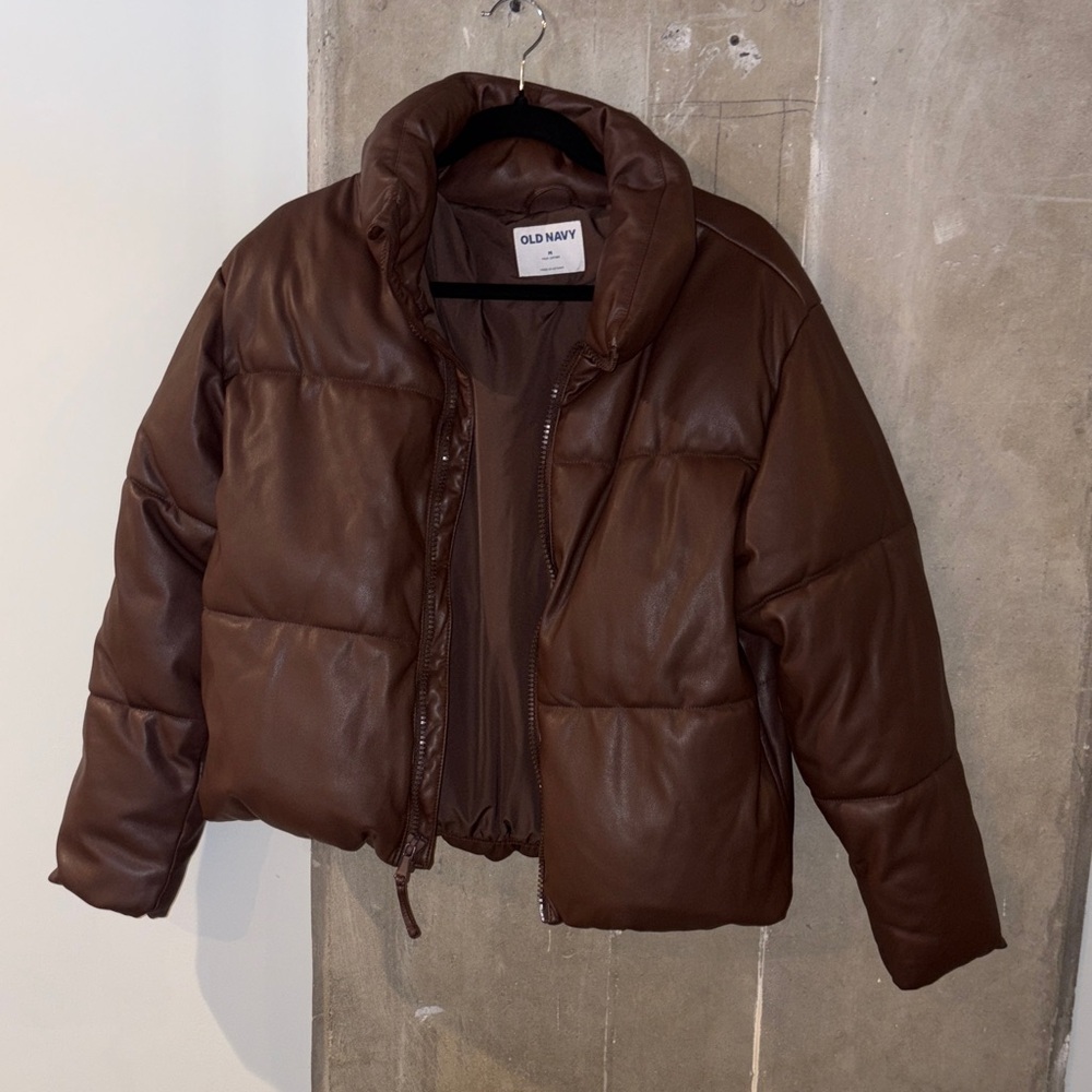 Old Navy Faux Leather Brown Puffer Jacket